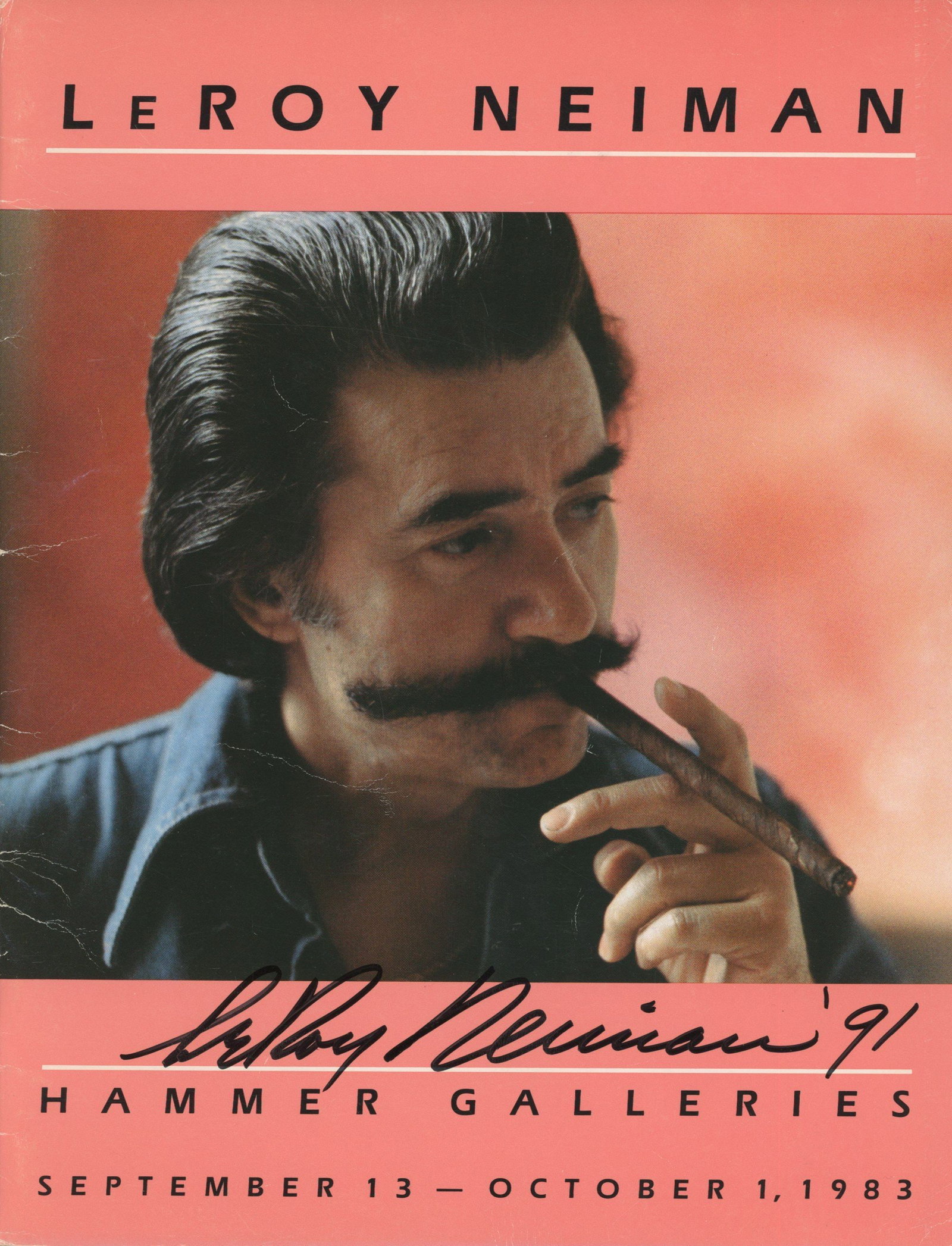 LeRoy Neiman – Iconic American Artist – Autographed 8.5 x 11 Gallery Exhibition Folder: Details: LeRoy Neiman autographed 8.5 x 11” color gallery exhibition folder issued for a Hammer Galleries exhibition featuring the celebrated artist. The cover displays a portrait of Neiman