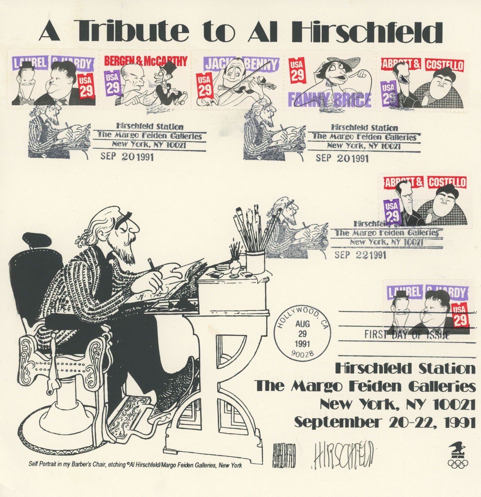 Al Hirschfeld – Celebrated Caricaturist – 2 Autographed Postal Sheets (8.5 x 11” & - 2