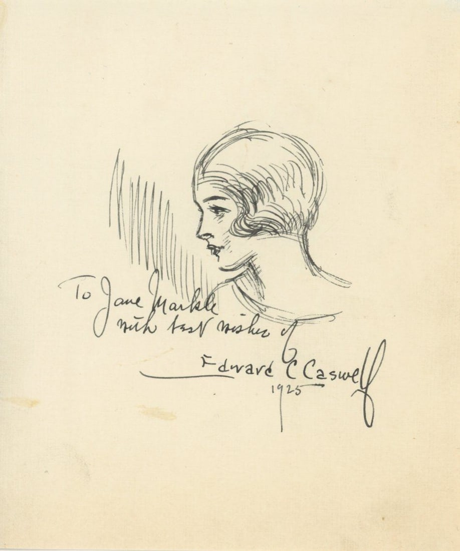 Edward C. Caswell - American Illustrator of the Early 20th Century - Autographed 1925 Illustration: Details: Edward C. Caswell autographed and inscribed 4 x 4.75" original pen and ink illustration.Fine condition.Edward C. Caswell was an American illustrator known for his detailed pen-and-ink
