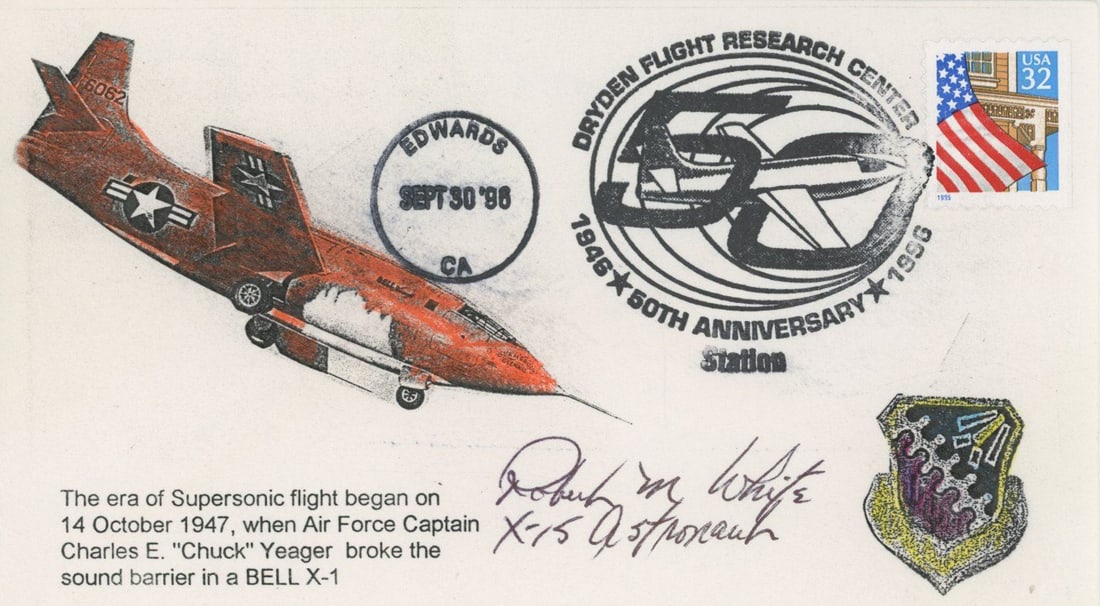 Robert M. White – X-15 Astronaut & Test Pilot – Autographed Flight Research First Day Co: Details: Robert M. White autographed commemorative cover celebrating the 50th anniversary of the Dryden Flight Research Center (1946–1996), postmarked September 30, 1996, at Edwards,