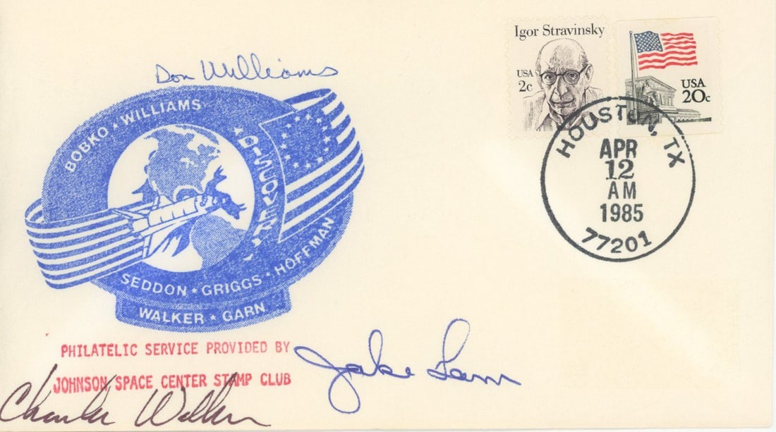 Jake Garn, Charlie Walker & Don Williams – Autographed STS-51-D Discovery Cover – NASA A: Details: Jake Garn, Charlie Walker, and Don Williams autographed commemorative STS-51-D mission cover, postmarked April 12, 1985, in Houston, Texas. The cover features the official blue STS-51-D