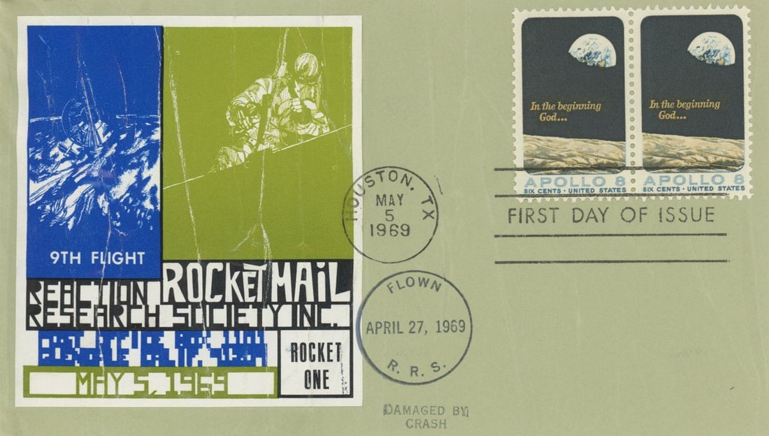 Flight Flown Rocket Mail Cover (Damaged by Crash) - Commemorating Apollo 8 Flown May 5, 1969: Details: Flight flown rocket mail postal cover issued by Reaction Research Society Inc. commemorating the Apollo 8 flight, canceled on May 5, 1969 and again on the flight day April 27, 1969. The