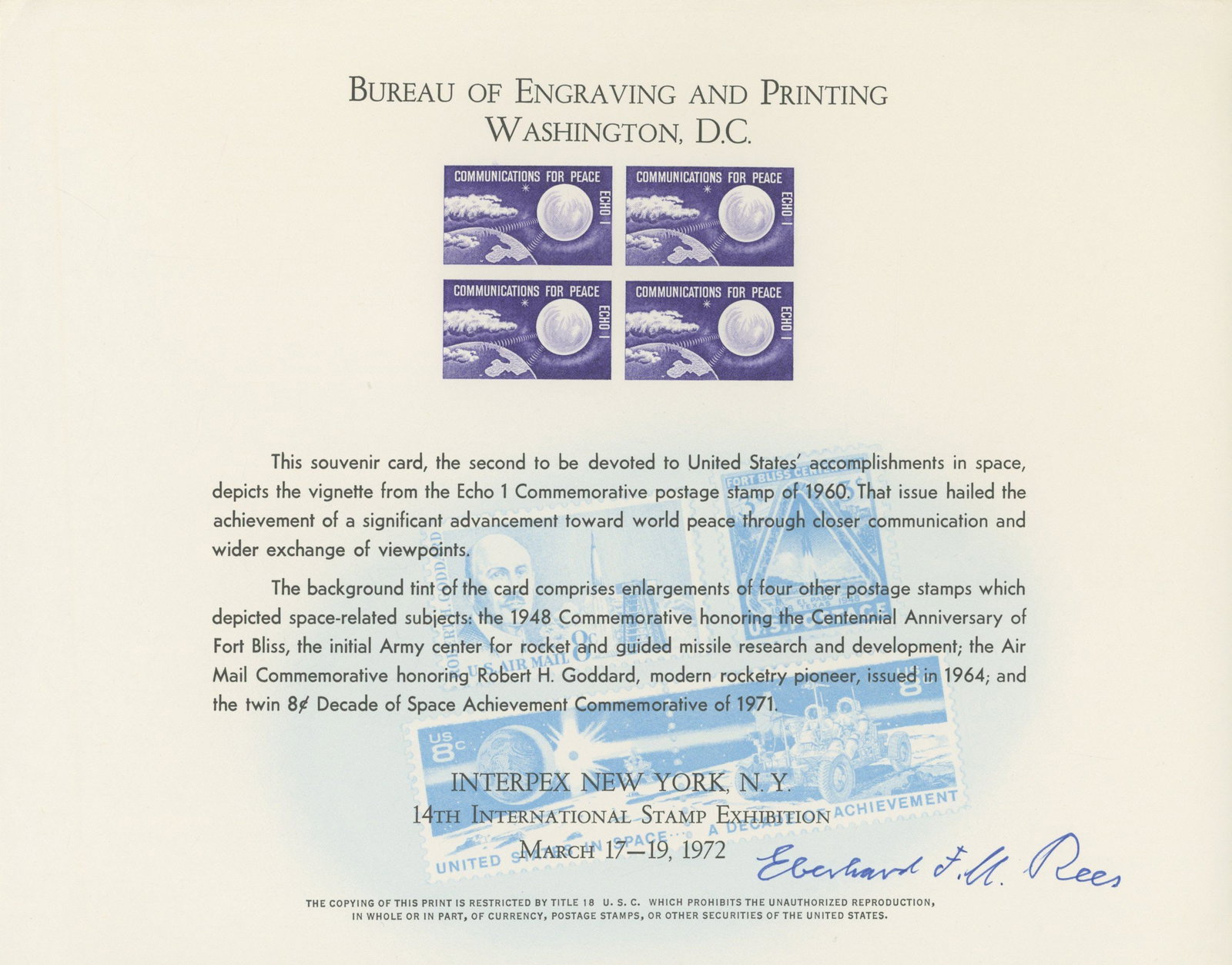 Eberhard Rees – Apollo Era Senior NASA Administrator – Autographed Postal Sheet: Details: Eberhard Rees autographed 10.5 × 8.5-inch Bureau of Engraving and Printing souvenir postal sheet commemorating American achievements in space exploration. The sheet features four