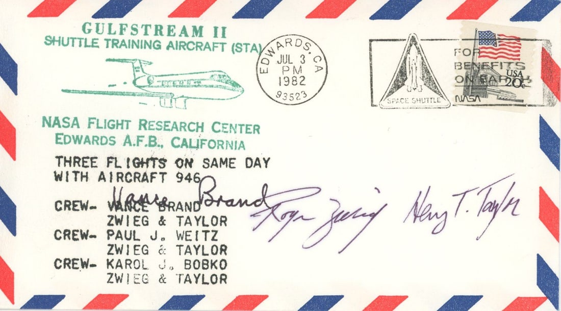 NASA Test Pilots: Roger Zwieg, Vance Brand & Henry T. Taylor Autographed Cover: Details: NASA Test Pilots: Roger Zwieg, Vance Brand & Henry T. Taylor autographed commemorative postal cover canceled on July 3, 1982.Fine condition. Authentication: Includes a full