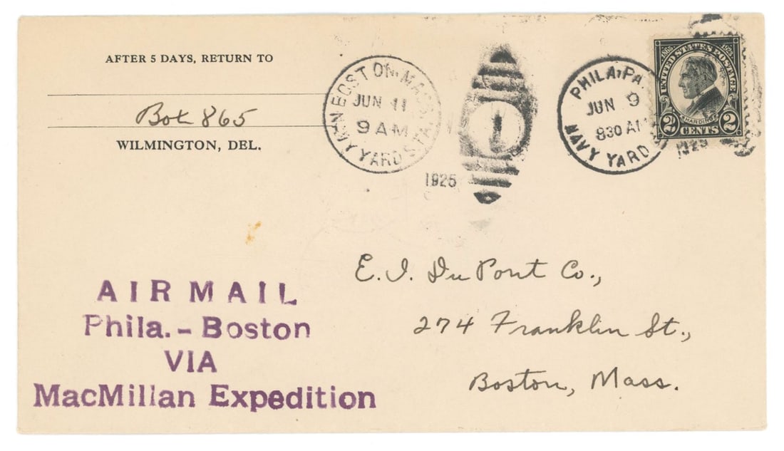 MacMillan Polar Expedition – Flown Airmail Cover – Philadelphia to Boston Route (1 of 2)