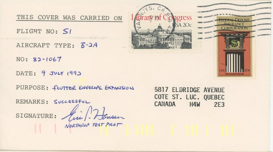 Northrop B-2A Spirit Flight No. 51 Flown & Autographed Cover by Test Pilot Eric Hansen: Details: Northrop B-2A Spirit Flight No. 51 Commemorative Postal Cover – Flown July 9, 1992 – Signed by Test Pilot Eric HansenOffered is an original flown commemorative postal cover from