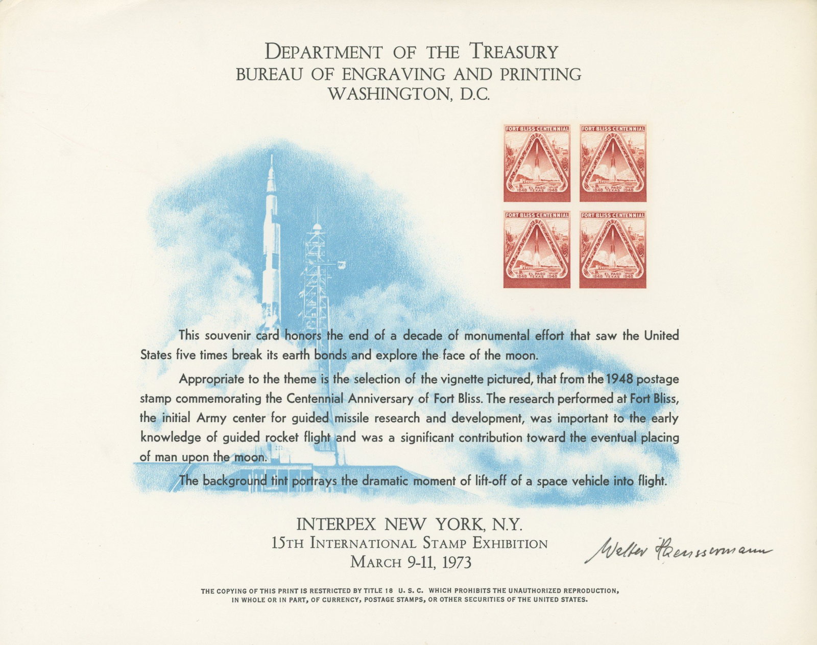 Walter Haeussermann – Saturn V Engineer – Autographed Postal Sheet: Details: Walter Haeussermann autographed 10.5 × 8.5-inch Department of the Treasury / Bureau of Engraving and Printing souvenir postal sheet issued for the 15th International Stamp Exhibition