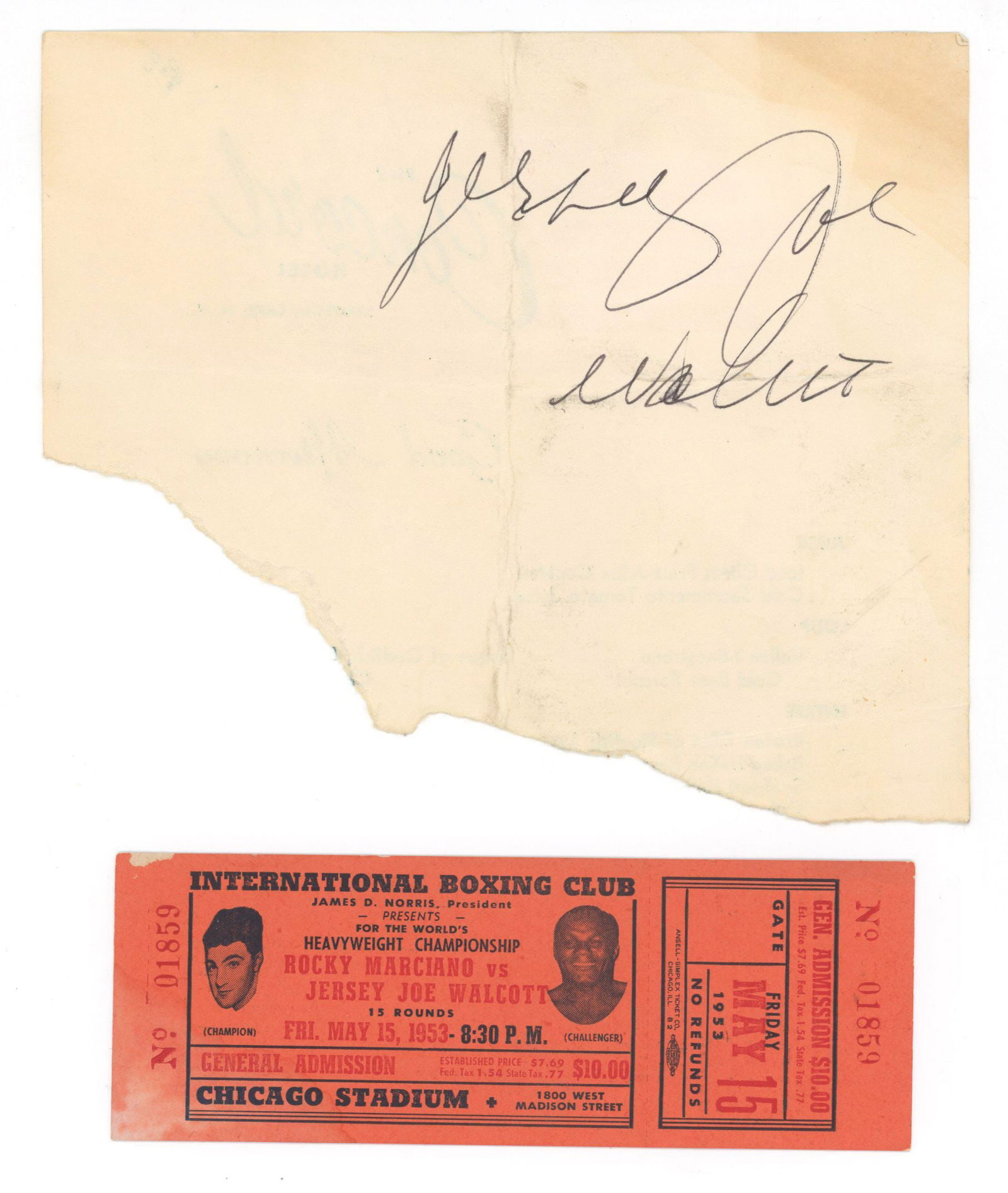 Jersey Joe Walcott – World Heavyweight Boxing Champion – Autographed Cut Signature & Fig: Details: Jersey Joe Walcott irregularly cut autographed signature, signed in black ink, accompanied by a Marciano match fight ticket. The signature has been unevenly trimmed. Also included is a