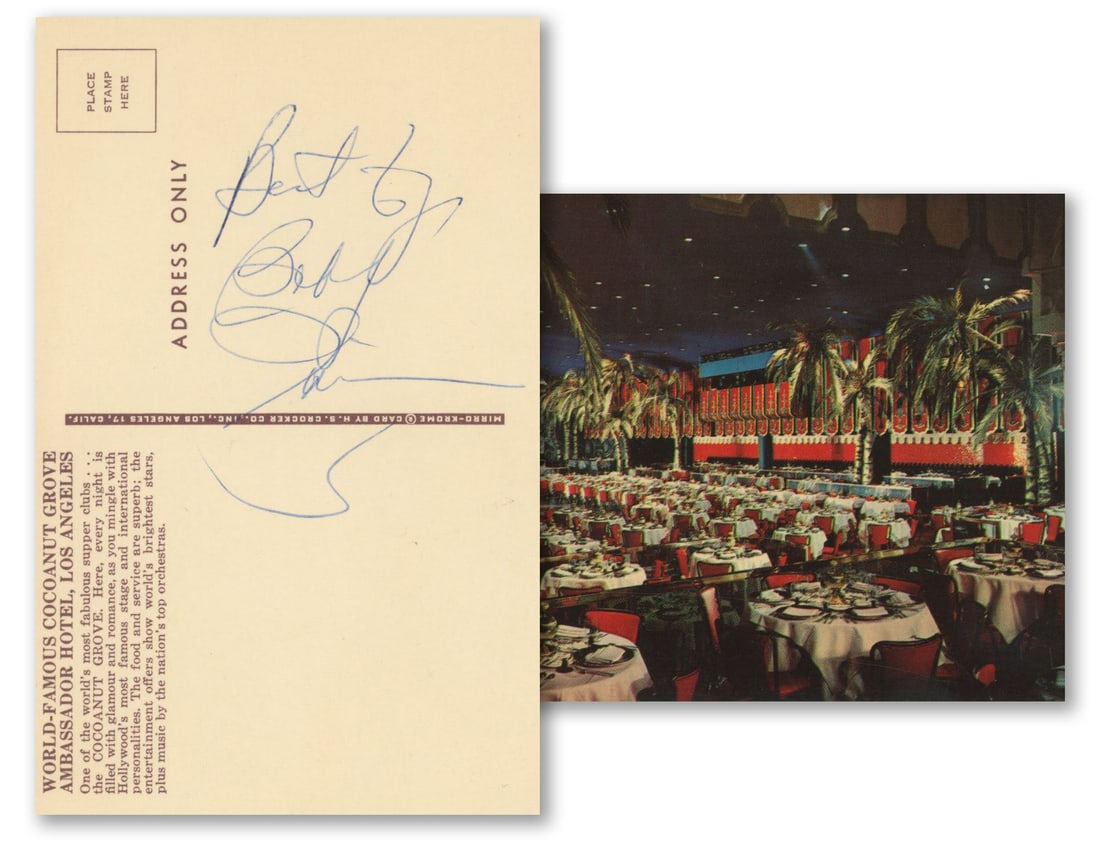 Bobby Darin – Grammy-Winning Singer & Actor – Autographed Coconut Grove Postcard: Details: Bobby Darin autographed vintage postcard depicting the famed Coconut Grove nightclub at the Ambassador Hotel, Los Angeles. Fine condition. Darin (1936–1973) was one of the most versatil