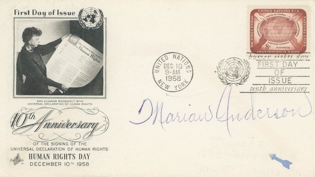 Marian Anderson – Contralto & Civil Rights Pioneer – Autographed First Day Cover: Details: Marian Anderson First Day Cover commemorating the 10th Anniversary of the signing of the Universal Declaration of Human Rights, postmarked United Nations, New York, December 10, 1958.