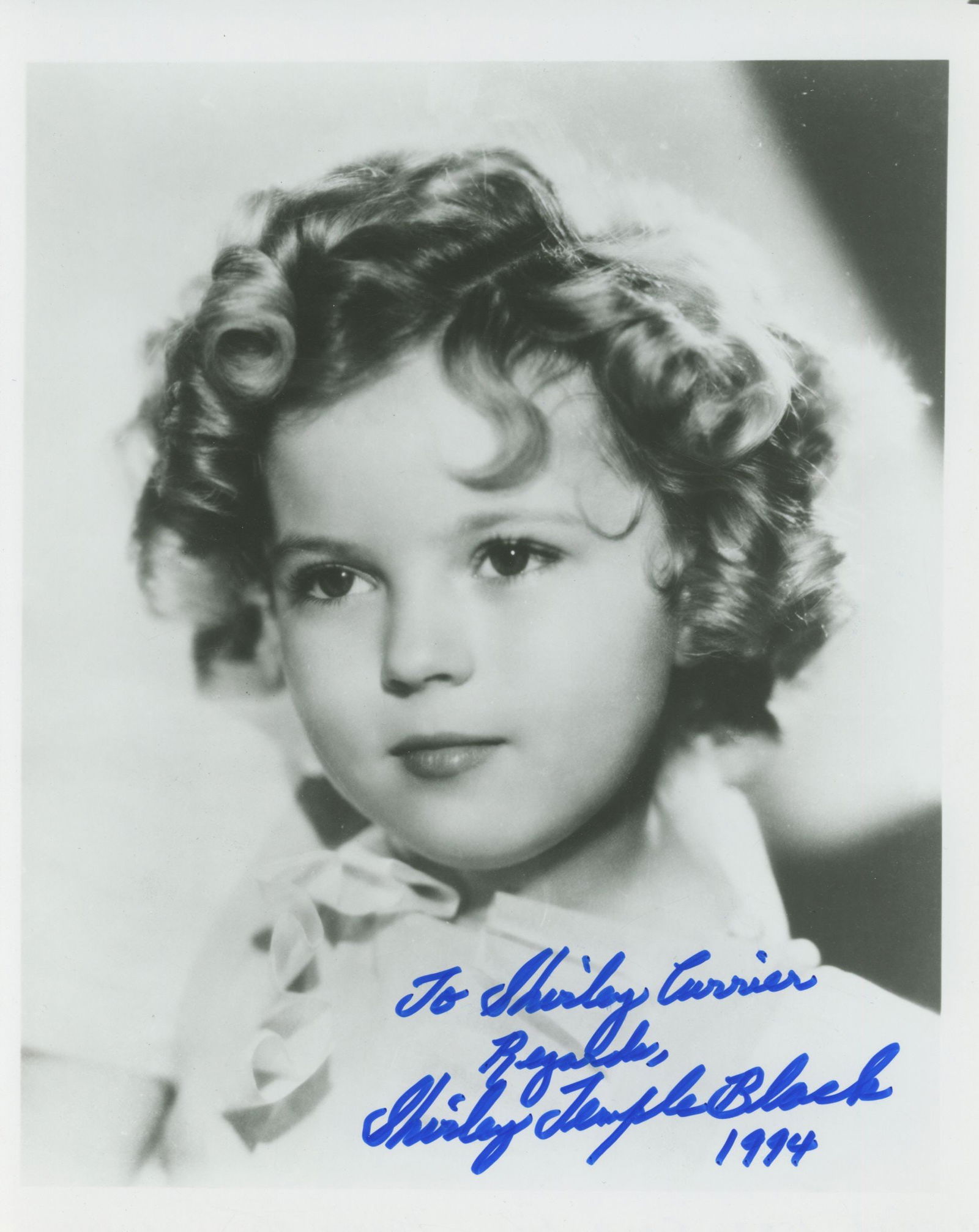 Shirley Temple Black – Child Film Star & Diplomat – Autographed & Inscribed 8 x 10 Photo: Details: Shirley Temple Black autographed 8 x 10” black and white photograph depicting the beloved child star in an early studio portrait with her signature curly hairstyle. The photograph is wa