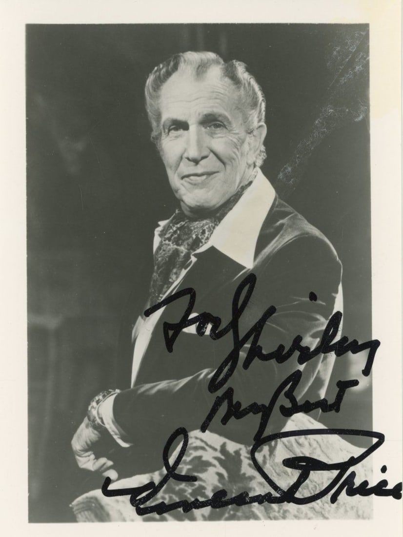 Vincent Price – Horror Film Icon – Autographed 3.5 x 5 Photo – Actor: Details: Vincent Price autographed 3.5 x 5” glossy photograph depicting the celebrated horror film star in a classic portrait pose. The photograph is boldly signed in black marker across the ima