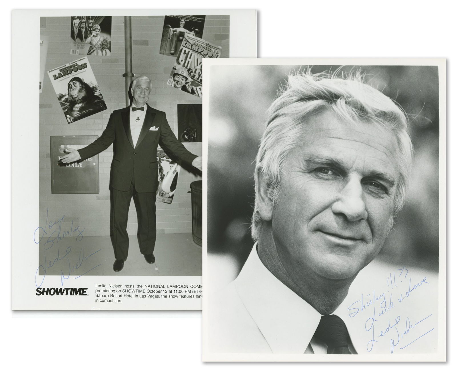 Leslie Nielsen – Comedy Film & Television Actor – Two Autographed 8 x 10 Photos – : Details: Leslie Nielsen autographed pair of 8 x 10” black and white photographs, each signed and inscribed in blue ink to “Shirley.” One photograph features Nielsen in a classic stud