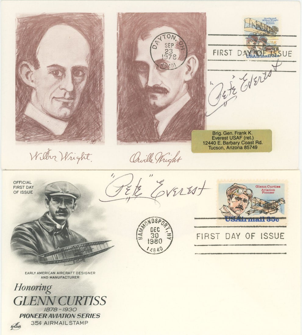 Frank “Pete” Everest – U.S. Air Force Test Pilot – Pair of Autographed Aviat: Details: Frank “Pete” Everest autographed pair of commemorative aviation-themed covers, each signed in black ink. Includes a 1978 Wright Brothers First Day Cover postmarked Dayton, OH, and