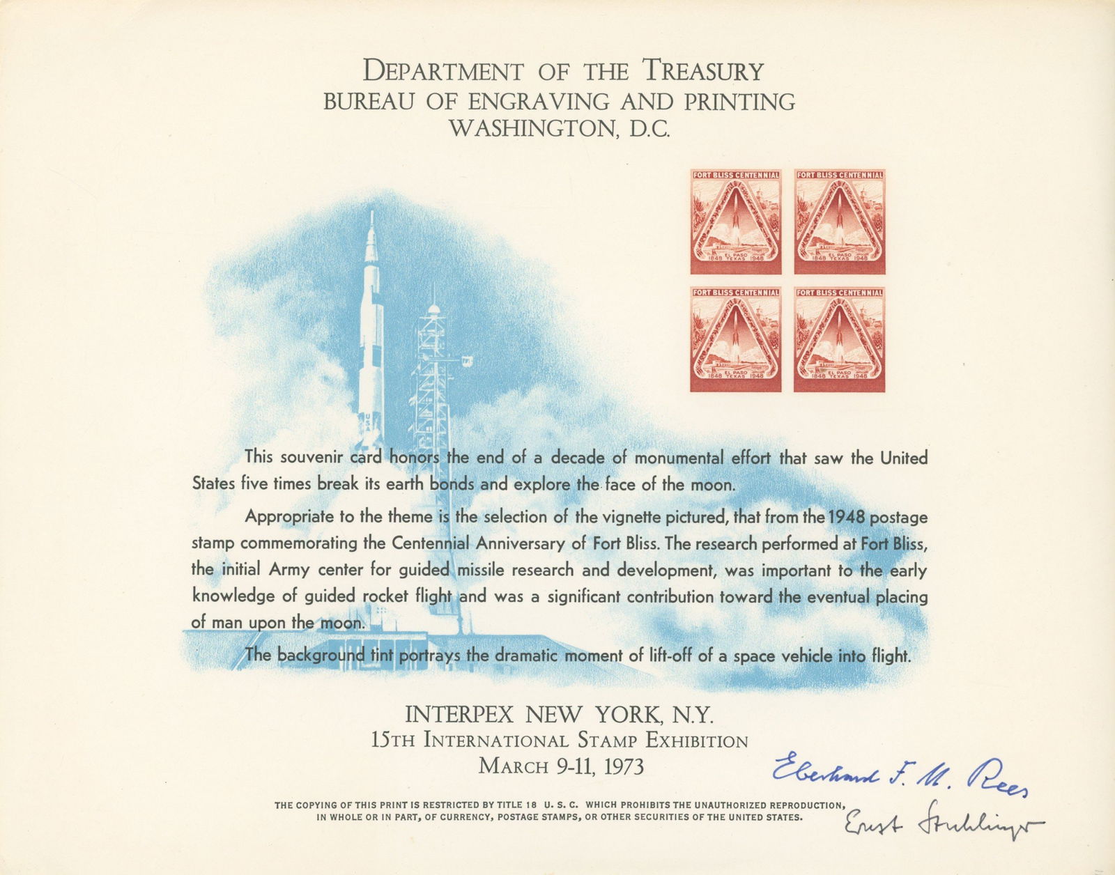 Eberhard Rees & Ernst Stuhlinger – Saturn Program Engineers – Autographed Postal Sheet: Details: Eberhard Rees and Ernst Stuhlinger autographed 10.5 × 8.5-inch U.S. Bureau of Engraving and Printing souvenir postal sheet commemorating American space achievements. Issued for the 15th