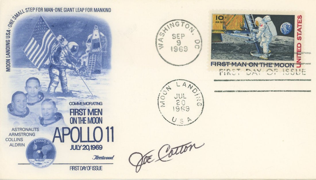 Joe Cotton - NASA Test Pilot - Autographed Commemorative Apollo 11 First Day Cover: Details: Joe Cotton autographed commemorative First Day of Issue postal cover. Fine condition. Joe Cotton was a pioneering American test pilot, best known for his work with the U.S. Air Force and vari