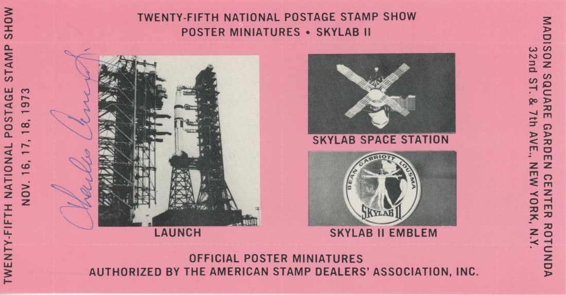 Charles Conrad – Apollo 12 Commander – Autographed Skylab II Postal Stamp Sheet: Details: Charles Conrad autographed official 6.25 x 3.25” postal stamp sheet issued for the Twenty-Fifth National Postage Stamp Show, featuring Skylab II imagery including the launch tower, spac