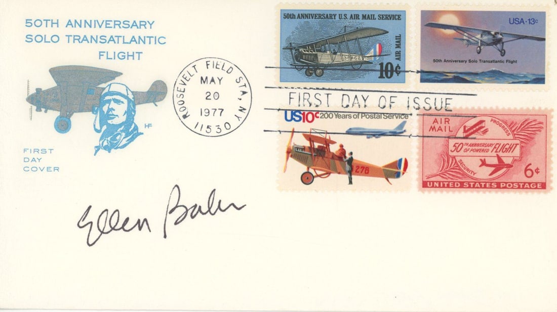 Ellen Baker – NASA STS-34, STS-50, and STS-71 Astronaut – Autographed First Day Cover: Details: Ellen Baker autographed 50th Anniversary Solo Transatlantic Flight First Day Cover, postmarked May 20, 1977, Roosevelt Field Station, NY. Features a cachet honoring Charles Lindbergh’s