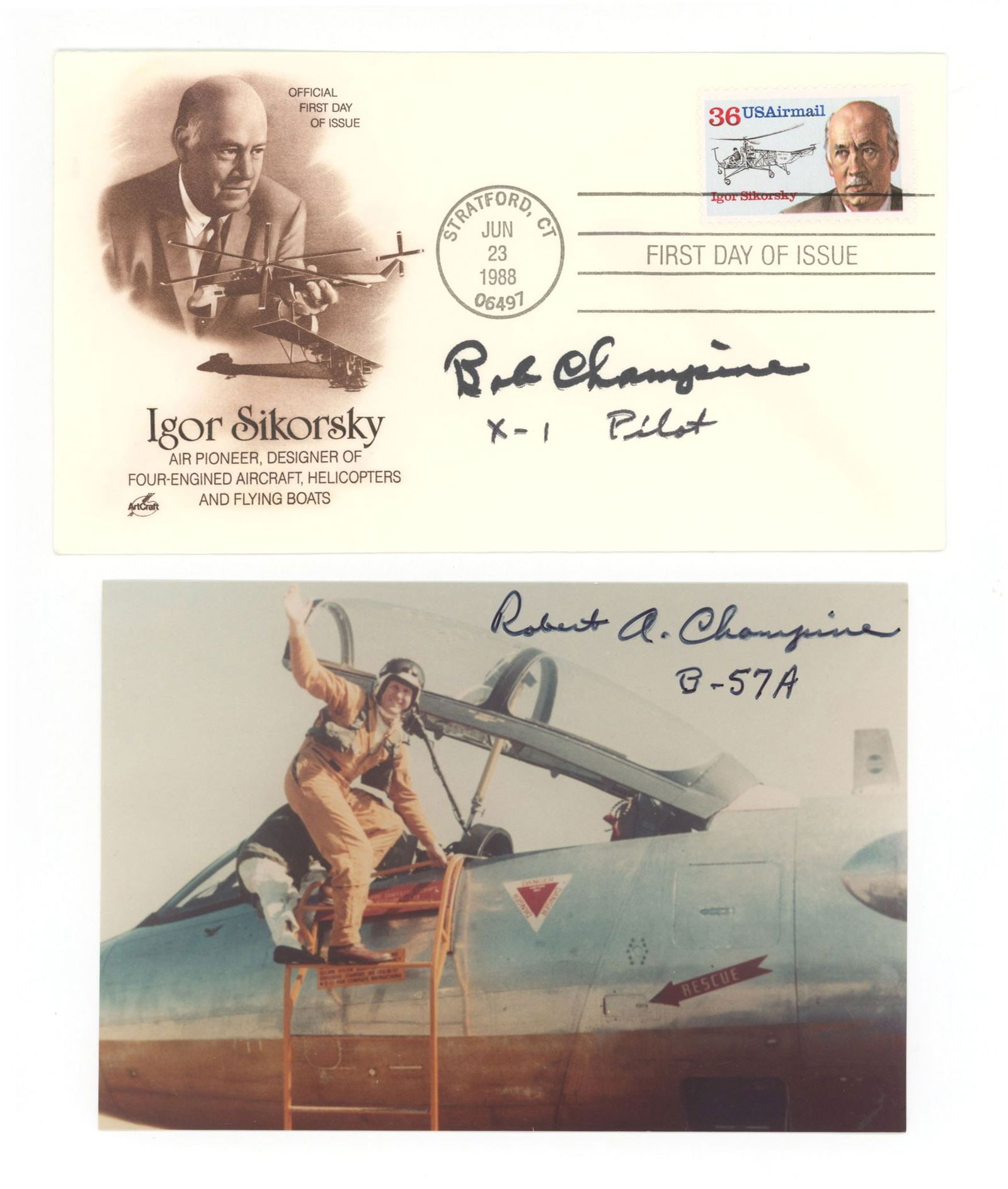 Robert A. Champine – NACA & NASA Test Pilot – Autographed Cover & 6 x 4” Photo wit: Details: Robert A. Champine autographed Igor Sikorsky First Day Cover postmarked June 23, 1988, and a 6 x 4” color photo of Champine beside a B-57A aircraft, additionally annotated on the