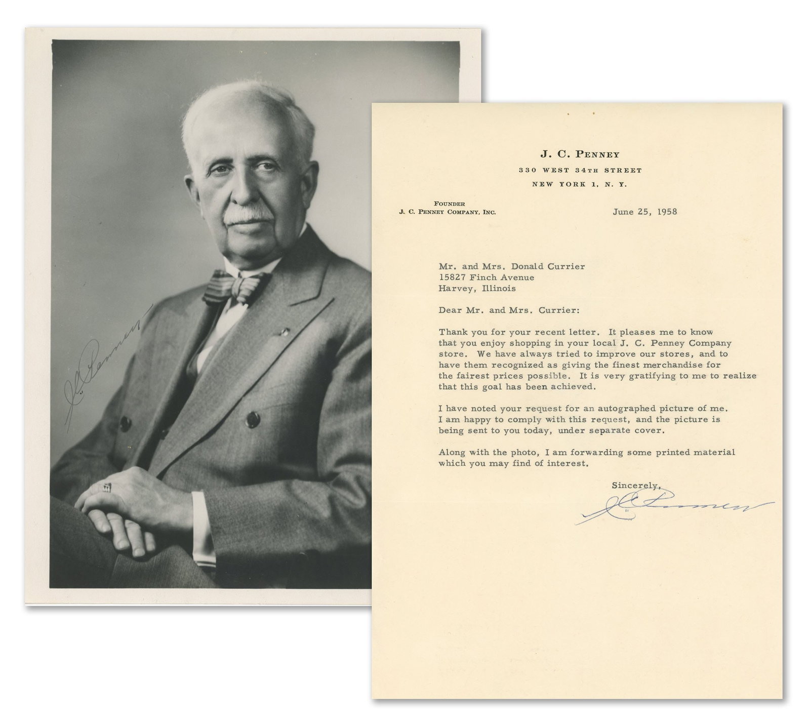 J. C. Penney – Retail Pioneer – Autographed 8 x 10 Photograph & TLS – 1958: Details: J. C. Penney autographed 8 x 10” glossy photograph depicting the famed American retailer in a formal seated portrait. The photograph is signed along the left margin in ink. Accompanied