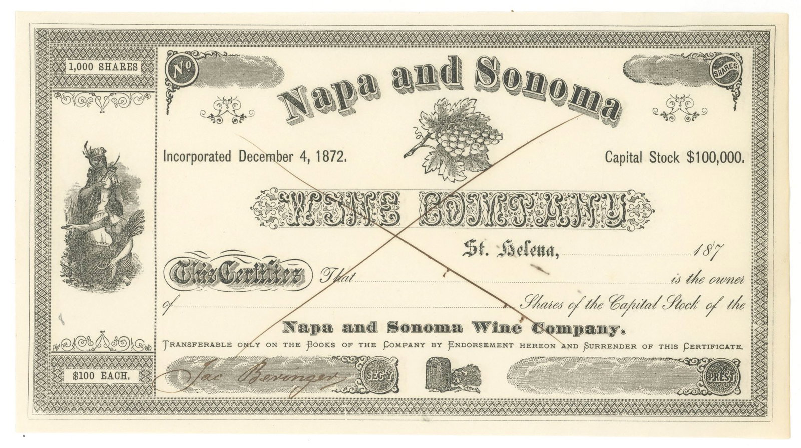 Napa and Sonoma Wine Company – Unused Capital Stock Certificate – 1870s: Details: Napa and Sonoma Wine Company unused capital stock certificate, incorporated December 4, 1872, issued from St. Helena, California. The certificate is printed for 1,000 shares with a stated