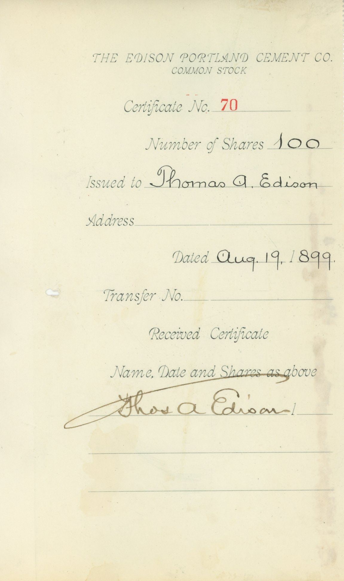 Thomas A. Edison – Edison Portland Cement Company – Autograph Pair – Stock Certifi - 2