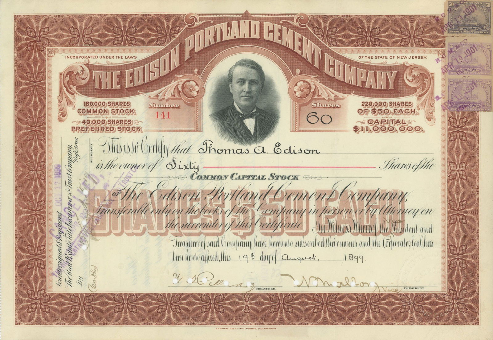 Thomas A. Edison – Edison Portland Cement Company – Autograph Pair – Stock Certifi - 3