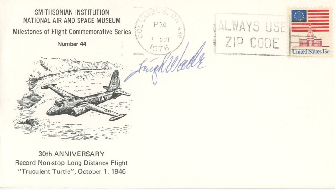 Leigh Wade - Aviation Pioneer - Autographed Commemorative Postal Cover: Details: Leigh Wade autographed commemorative postal cover canceled on October 1, 1976.Fine condition.Leigh Wade, Air Force major general who took part in the first round-the-world flight in