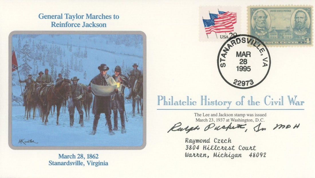 Ralph Puckett – Medal of Honor Recipient – Autographed Commemorative Cover – Civil: Details: Ralph Puckett autographed commemorative cover honoring General Taylor’s march to reinforce General Jackson on March 28, 1862. This cover is part of the Philatelic History of the Civil W