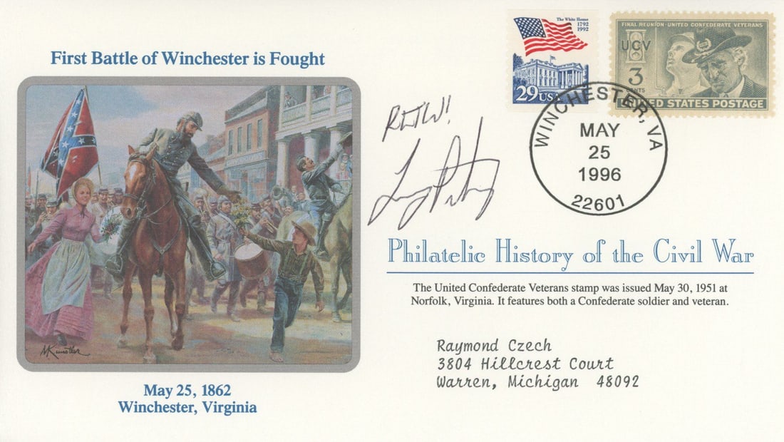 Leroy A. Petry – Medal of Honor Recipient – Autographed Commemorative Cover – Civi: Details: Leroy A. Petry autographed commemorative cover honoring the First Battle of Winchester on May 25, 1862. This cover is part of the Philatelic History of the Civil War series. It features thema
