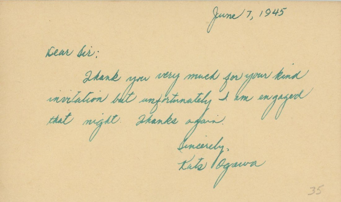 Katsu “Kats” Ogawa – Heart Mountain Leader – Autographed Letter Signed (ALS): Details: Katsu “Kats” Ogawa autographed handwritten letter signed (ALS) on a 5.5 x 3.25” postcard dated June 7, 1945. Written in bold green ink, Ogawa expresses his gratitude for an