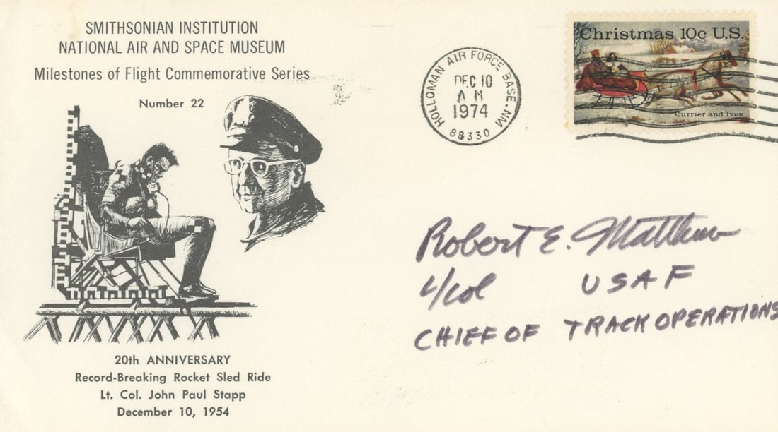 Robert E. Matthew - U.S. Air Force Chief of Track Operations - Autographed Commemorative Cover: Details: Robert E. Matthew Autographed Commemorative Postal Cover – U.S. Air Force Chief of Track OperationsOffered is a commemorative postal cover hand-signed by Robert E. Matthew, noted for