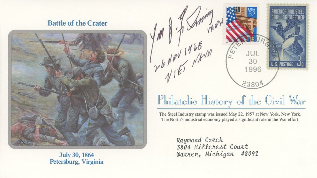James Fleming – Medal of Honor Recipient – Autographed Commemorative Cover – Civil: Details: James Fleming autographed commemorative cover honoring the Battle of the Crater on July 30, 1864. This cover is part of the Philatelic History of the Civil War series. It features thematic