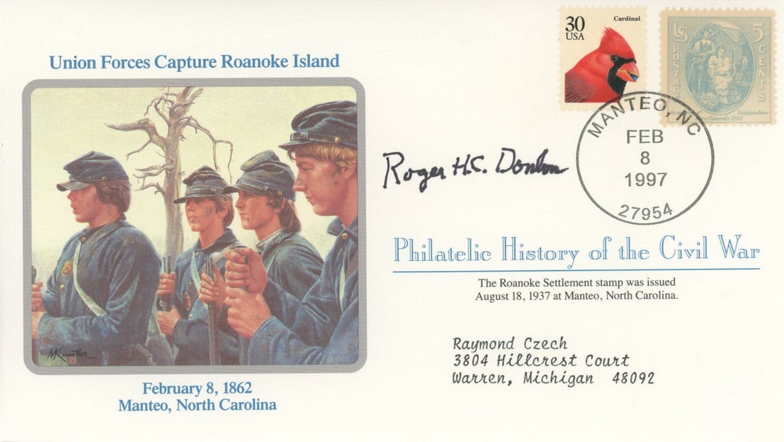 Roger Donlon – Medal of Honor Recipient – Autographed Commemorative Cover – Civil : Details: Roger Donlon autographed commemorative cover honoring the Union forces’ capture of Roanoke Island on February 8, 1862. This cover is part of the Philatelic History of the Civil War
