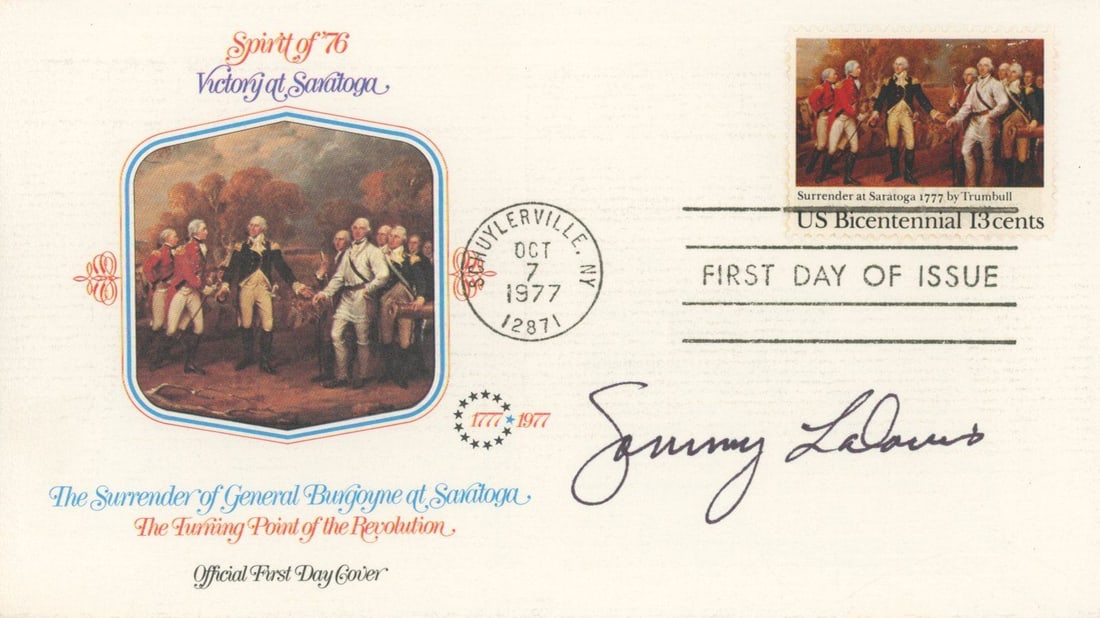 Sammy Davis – Vietnam War Medal of Honor Recipient – Autographed Bicentennial First Day : Details: Sammy Davis autographed official first day cover commemorating the Bicentennial and the Surrender of General Burgoyne at Saratoga, postmarked October 7, 1977, in Schuylerville, New York. The