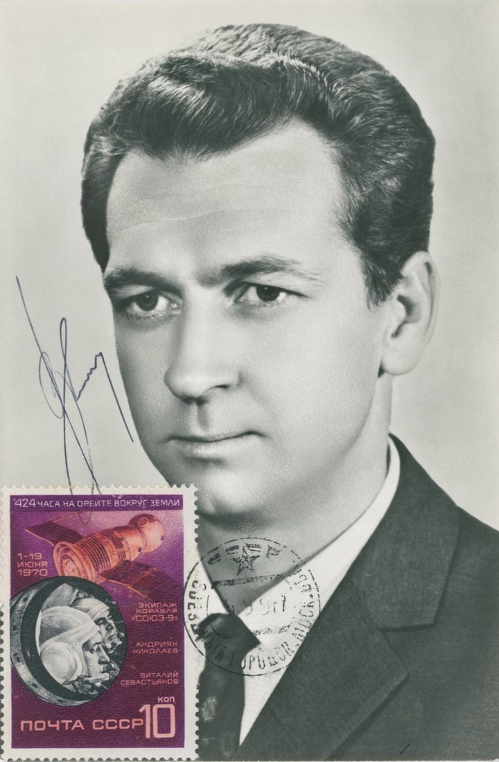 Vitaly Sevastyanov - Soviet Soyuz 9 Cosmonaut - Autographed Soviet Portrait Card: Details: Vitaly Sevastyanov autographed Soviet portrait card.Card measures 3.75 x 5.75". Overall fine condition.Vitaly Ivanovich Sevastyanov (8 July 1935 – 5 April 2010) was a Soviet cosmonaut