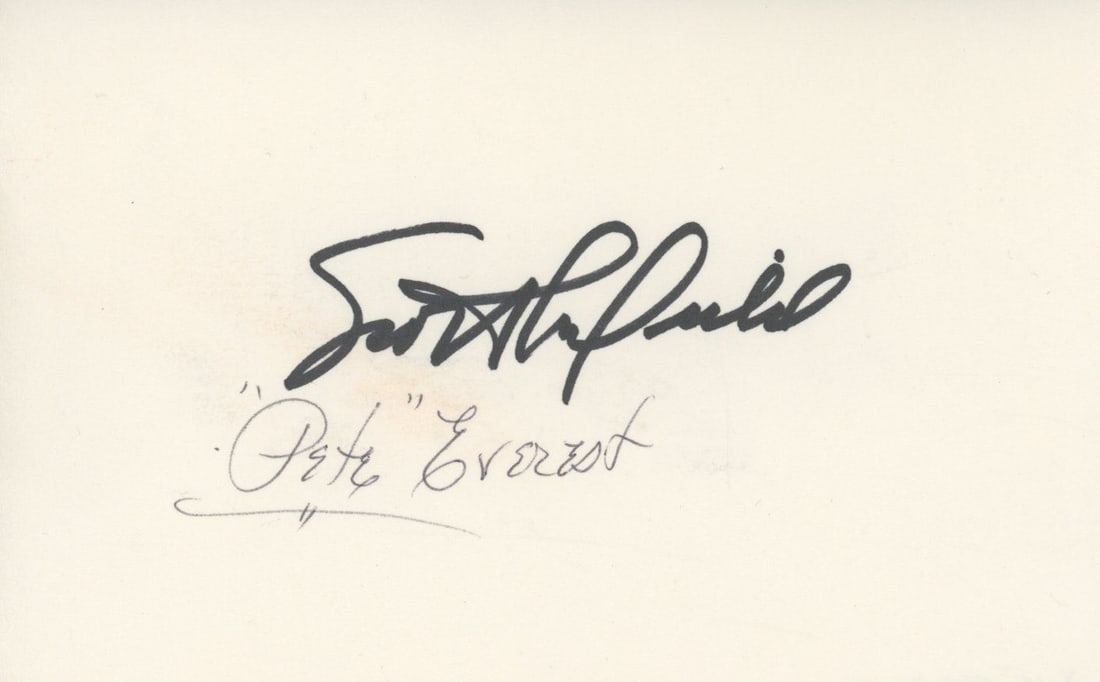 Scott Crossfield & “Pete” Everest – Test Pilots – 6 x 4” Autographed C: Details: Scott Crossfield and “Pete” Everest 6 x 4” card signed in black ink by Crossfield, with Everest adding his signature beneath along with the inscription “Pete”