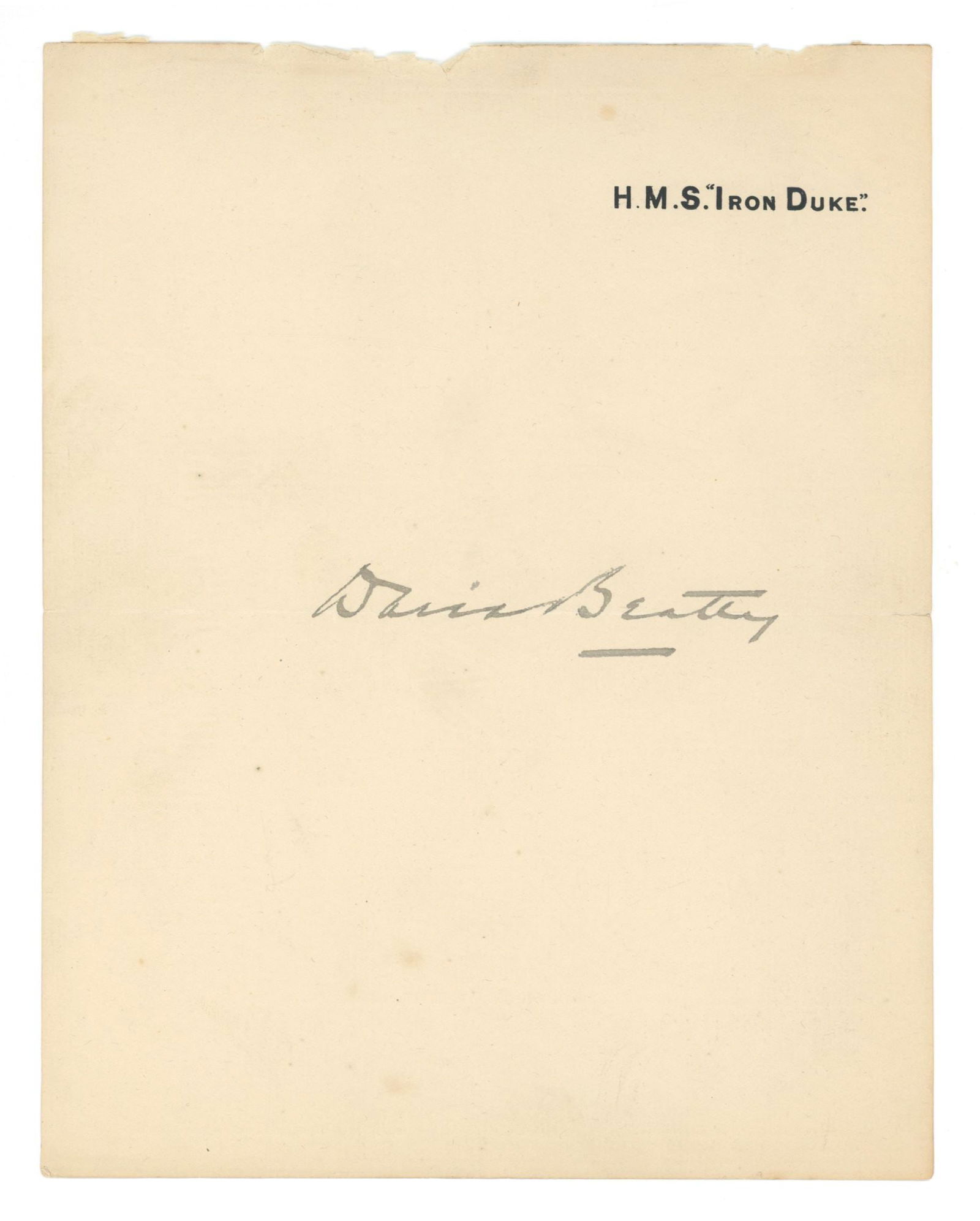 David Beatty, 1st Earl Beatty – First Sea Lord – Autographed Stationery Page – 7 x: Details: David Beatty, 1st Earl Beatty autographed stationery page bearing the printed heading “H.M.S. ‘Iron Duke’”, signed neatly in pencil at center — 7 x 8.75 inches.
