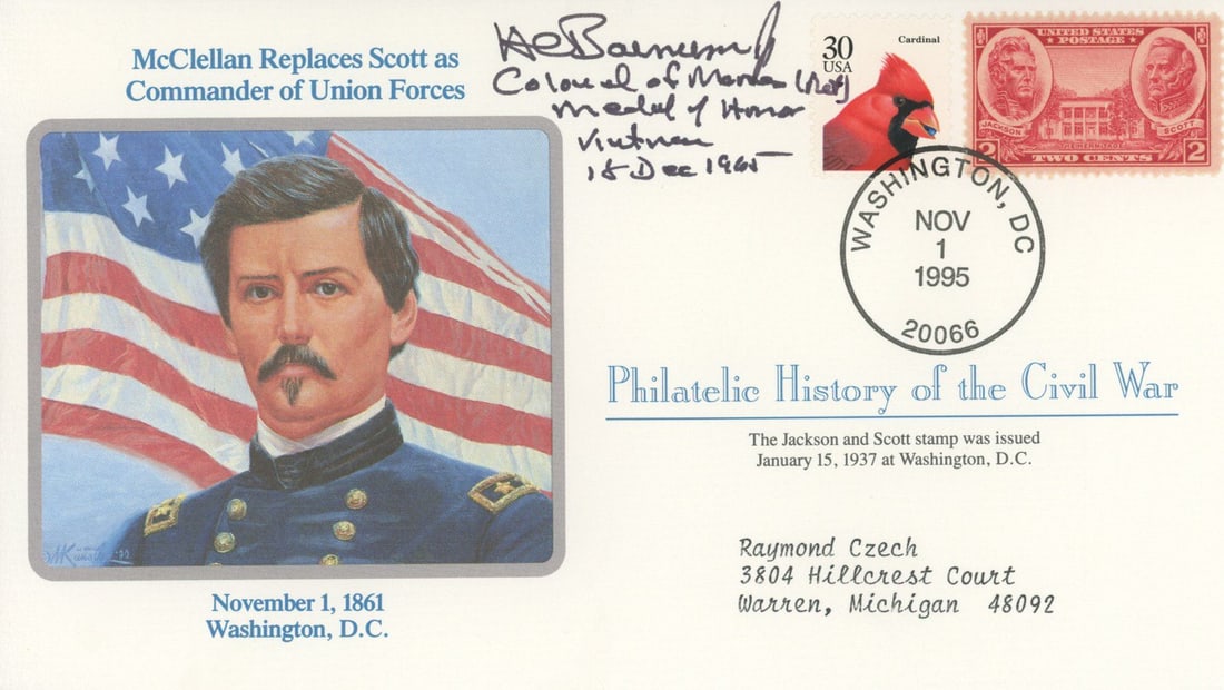 Harvey Barnum – Medal of Honor Recipient – Autographed Commemorative Cover – Civil: Details: Harvey Barnum autographed commemorative cover honoring the appointment of General George B. McClellan as Commander of Union Forces on November 1, 1861. This cover is part of the Philatelic Hi