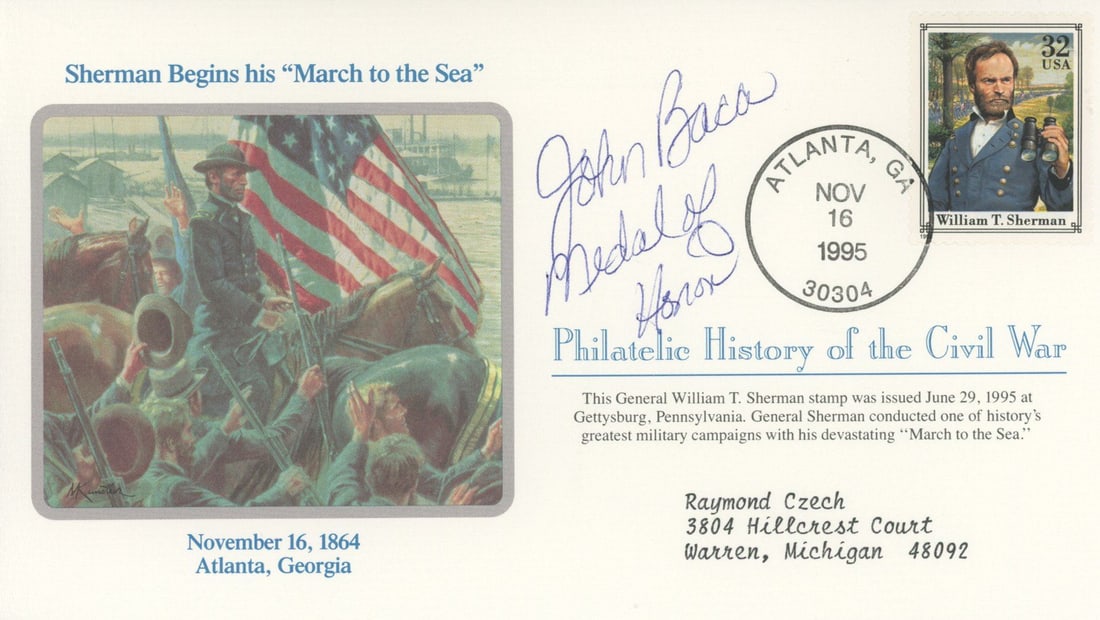 John Baca – Medal of Honor Recipient – Autographed Commemorative Cover – Civil War: Details: John Baca autographed commemorative cover honoring General Sherman’s “March to the Sea” beginning on November 16, 1864. This cover is part of the Philatelic History of the C