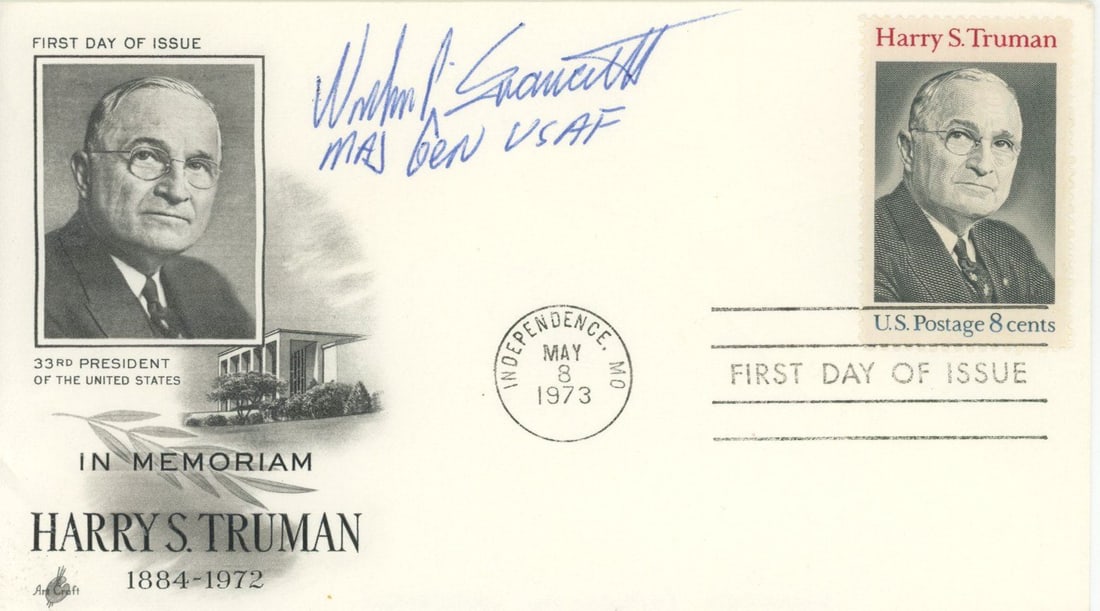 Woodrow P. Swancutt – USAF Major General – Autographed 1973 Harry S. Truman FDC: Details: Woodrow P. Swancutt autographed First Day of Issue cover honoring President Harry S. Truman, postmarked May 8, 1973, in Independence, Missouri. The ArtCraft cachet features a portrait of