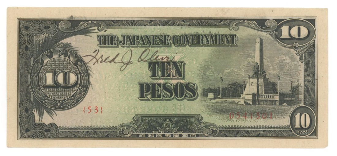Fred J. Olivi – Co-Pilot of “Bockscar” – Autographed WWII Japanese 10 Peso N: Details: Fred J. Olivi World War II Japanese Government–issued 10 Peso occupation note. A rare and meaningful wartime relic directly linked to one of the most momentous missions in military