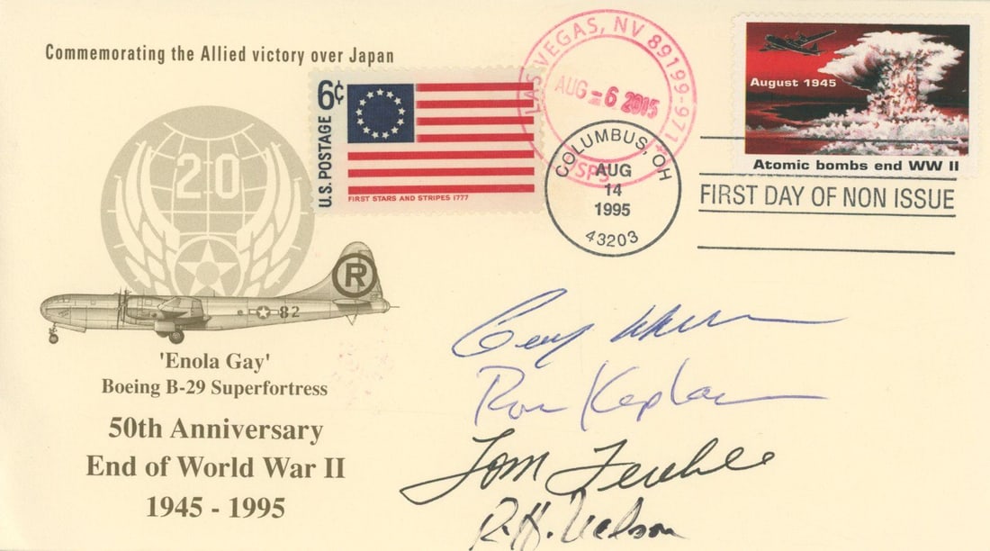 Enola Gay Crew: Richard H. Nelson & Tom Ferebee + Ron Kaplan & Gerry Newhouse– Autographed Cov: Details: Richard H. Nelson and Tom Ferebee autographed commemorative “First Day of Non-Issue” cover honoring the 50th Anniversary of the end of World War II, also signed by stamp creator