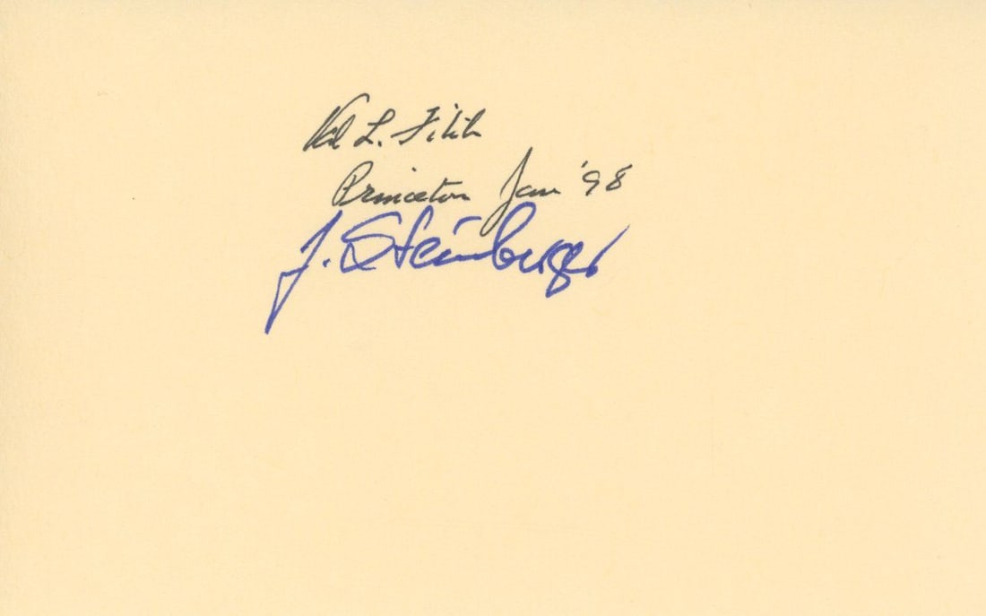 Jack Steinberger & Val Fitch – Nobel Prize–Winning Physicists – 5.5 x 3.5” A: Details: Jack Steinberger and Val Fitch 5.5 x 3.5” card signed by both Nobel Prize–winning nuclear physicists, with Steinberger signing in blue ink and Fitch adding his signature above alo