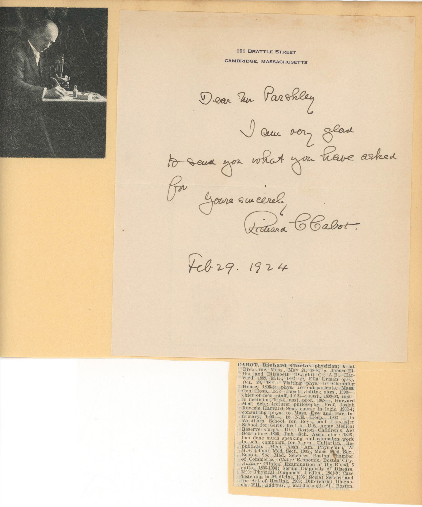 Richard Clarke Cabot – Physician & Medical Ethicist – Autographed Signed Letter (1924) (1 of 1)