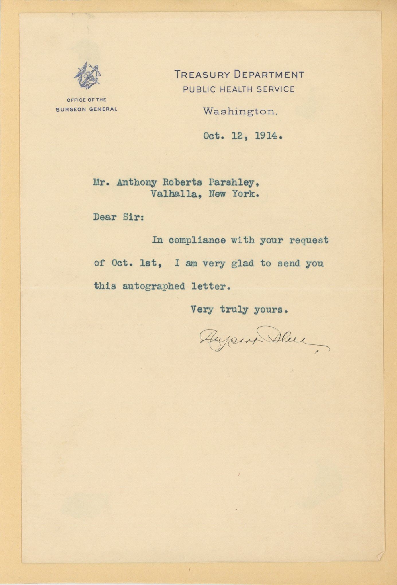 Rupert Lee Blue – U.S. Surgeon General – Autographed Letter Signed (ALS) (1914) (1 of 2)