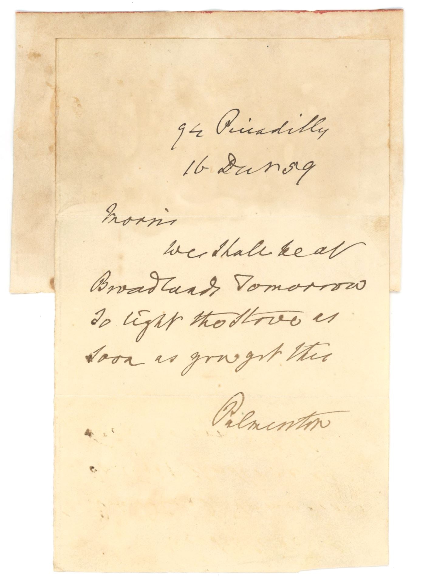 Henry John Temple, Lord Palmerston – British Prime Minister – 1859 Autographed Letter Fr: Details: Henry John Temple, 3rd Viscount Palmerston autographed handwritten letter dated 1859. The upper portion of the letter is affixed to an album page backing sheet. Light age toning and handling