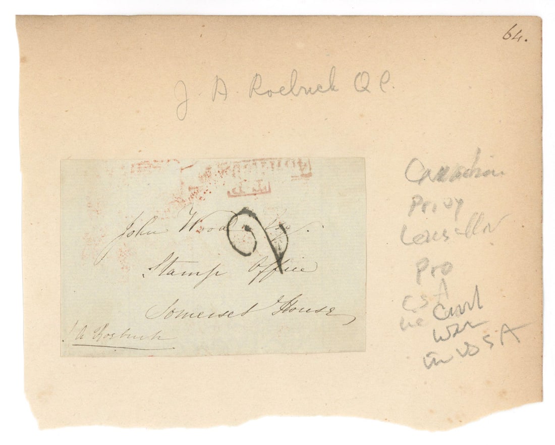 John Arthur Roebuck – British Radical MP – Autographed Envelope Panel: Details: John Arthur Roebuck autographed envelope panel, neatly clipped and affixed to a slightly larger backing sheet. The panel bears Roebuck’s handwritten address and signature, executed in p