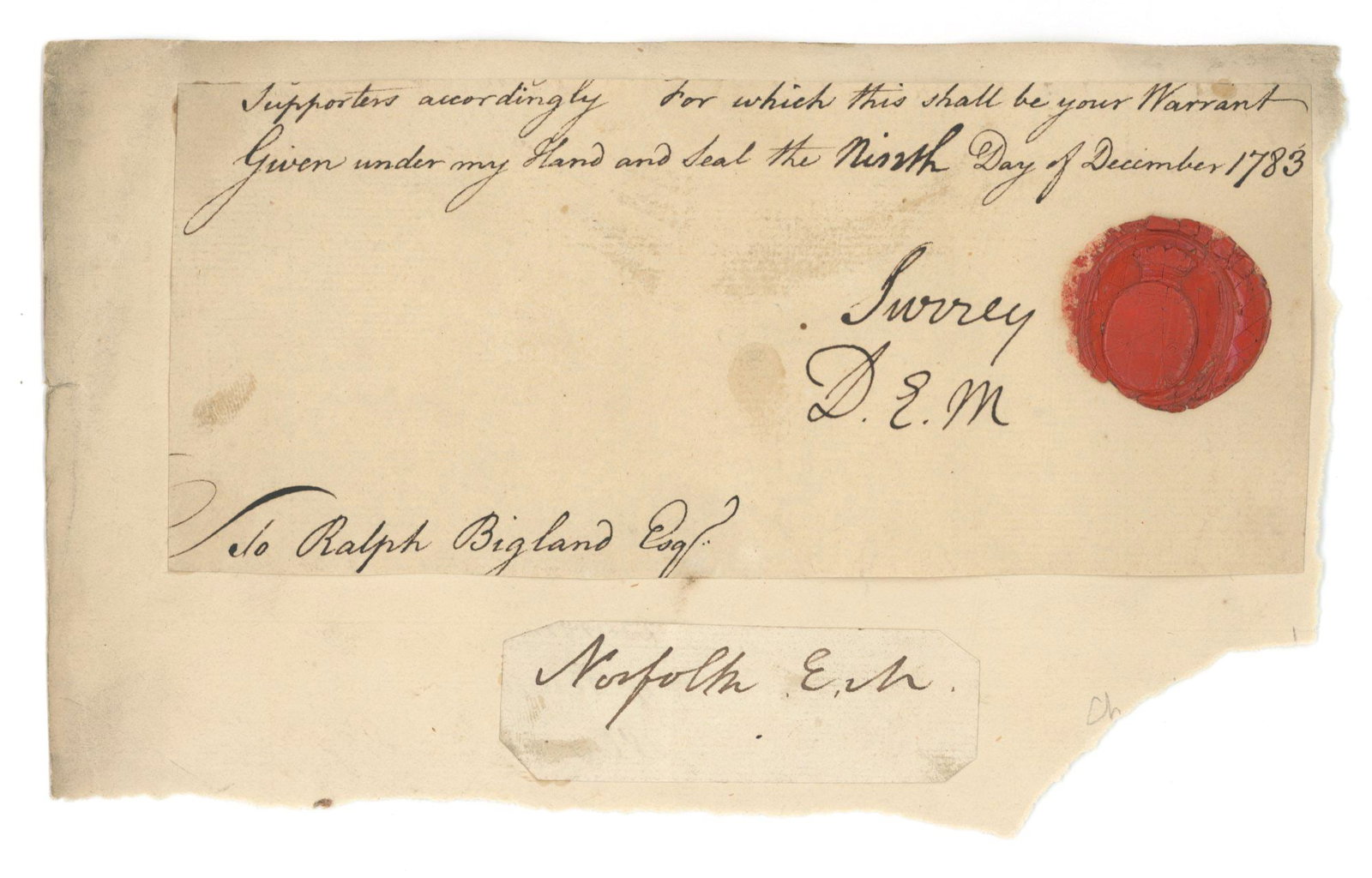 Charles Howard, 11th Duke of Norfolk – Duke of England – Autographed Document Fragment w: Details: Charles Howard, 11th Duke of Norfolk autographed clipped signature portion from a larger official manuscript, dated December 9, 1783, affixed to a slightly larger backing sheet. The fragment