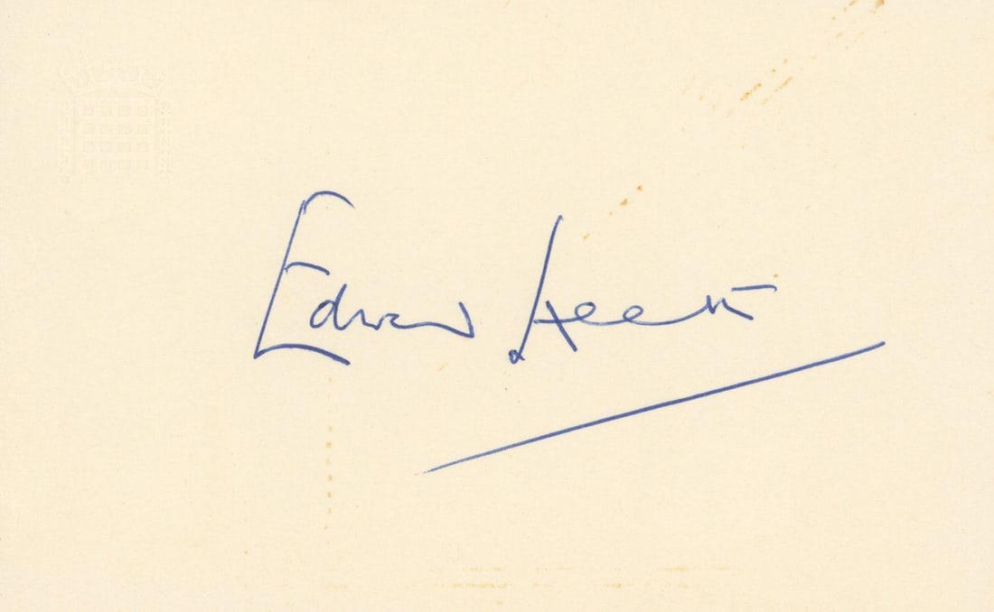 Edward Heath – U.K. Prime Minister – Autographed Card: Details: Edward Heath autographed 5.5 x 3.5” card, neatly signed in ink. Near fine condition. Sir Edward Heath (1916–2005) served as Prime Minister of the United Kingdom from 1970 to